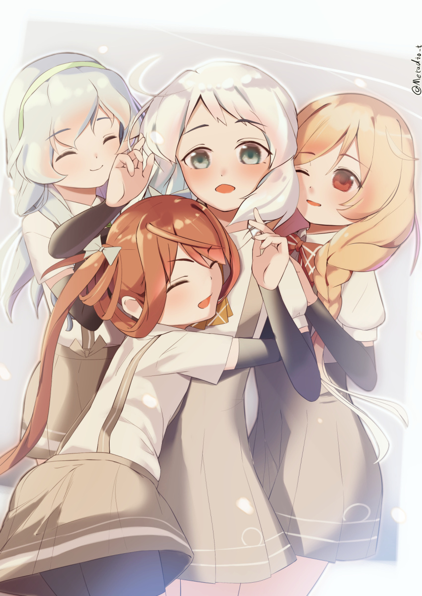 4girls arm_warmers asagumo_(kancolle) ascot blue_eyes bow bowtie braid brown_hair closed_eyes cloud_hair_ornament commentary_request cowboy_shot dress gradient_hair green_hairband grey_hair grey_skirt hair_ribbon hair_rings hairband highres hug kantai_collection light_brown_hair long_hair looking_at_viewer metadio minegumo_(kancolle) multicolored_hair multiple_girls natsugumo_(kancolle) orange_ascot plaid plaid_bow plaid_bowtie pleated_dress red_bow red_bowtie red_eyes ribbon shirt short_hair sidelocks skirt suspender_skirt suspenders twin_braids twintails wavy_hair white_hair white_shirt yamagumo_(kancolle)