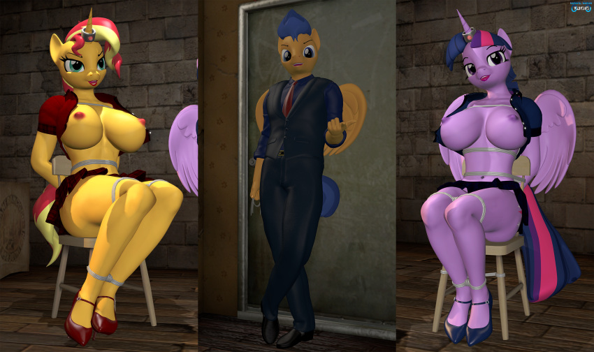 absurd_res anthro bdsm big_breasts bondage bound breasts chair chair_bondage clothed clothing daveman1000 dominant dominant_male equestria_girls equid equine female flash_sentry_(mlp) footwear friendship_is_magic furniture group hi_res high_heels horn horn_jewelry horn_ring male mammal my_little_pony nipples open_clothing open_shirt open_topwear pegasus restraints ring_(jewelry) rope rope_bondage shirt submissive submissive_female sunset_shimmer_(eg) topwear trio twilight_sparkle_(mlp) unicorn winged_unicorn wings