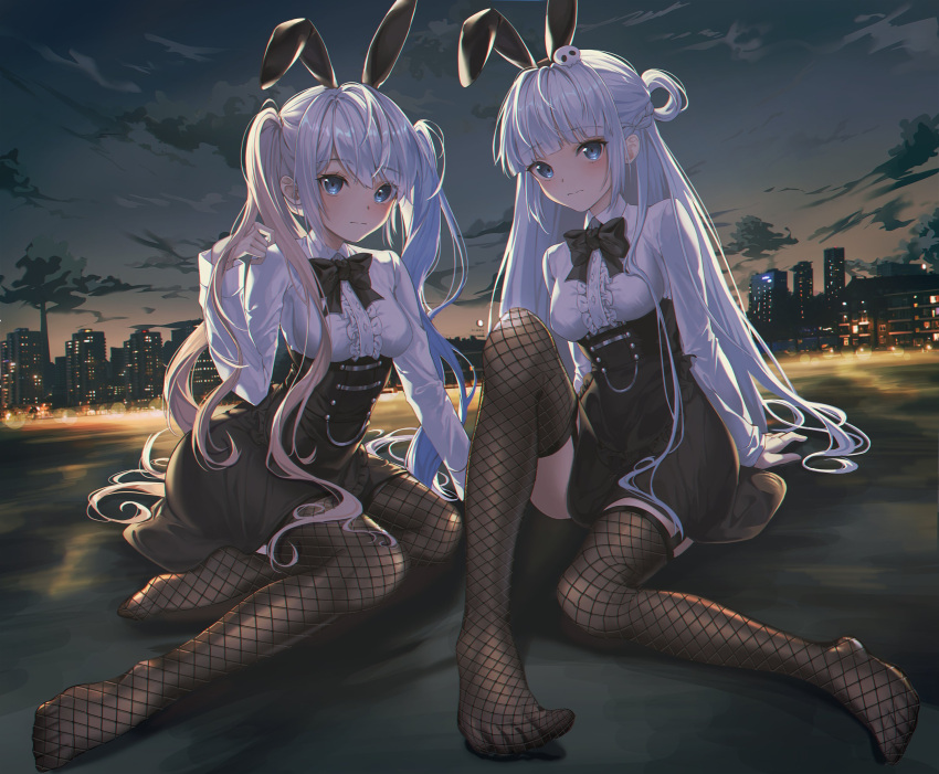 2girls absurdres animal_ears bangs black_bow black_bowtie black_skirt black_thighhighs blue_eyes blunt_bangs blush bow bowtie braid breasts center_frills cityscape closed_mouth commission expressionless fake_animal_ears folded_ponytail frills full_body garter_straps gradient_hair hair_ornament half_updo hand_up high-waist_skirt highres knee_up kuro_(rudyan0128) legs long_hair long_sleeves looking_at_viewer medium_breasts multicolored_hair multiple_girls night night_sky no_shoes one_side_up original rabbit_ears see-through see-through_legwear shirt siblings side-by-side sitting skirt skull_hair_ornament sky thighhighs toes twins twintails very_long_hair white_hair white_shirt yokozuwari