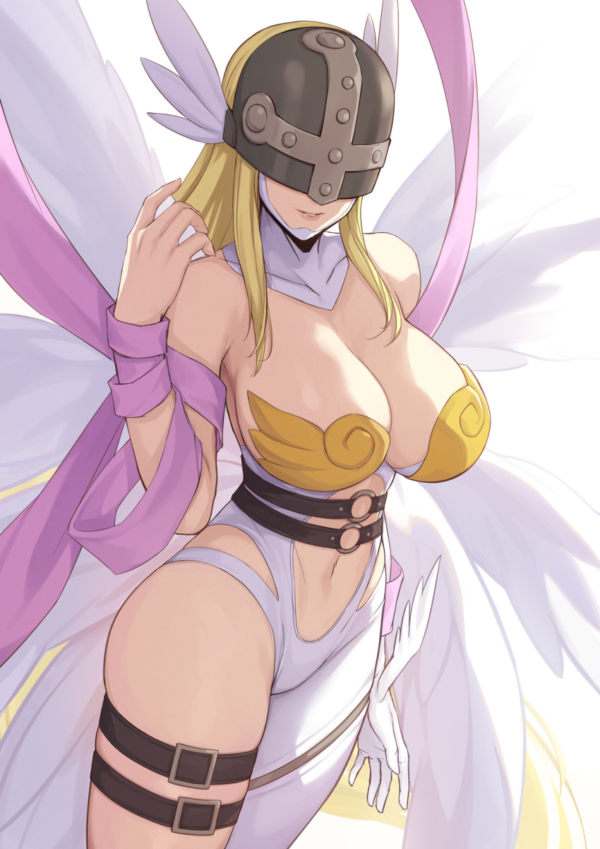 angel_wings angewomon asymmetrical_clothes bare_shoulders belt blonde_hair breasts cleavage covered_eyes cropped_legs digimon digimon_(creature) elbow_gloves evan_yang feathered_wings gloves head_wings helmet highres large_breasts long_hair multiple_wings navel shawl simple_background smile solo standing thigh_strap white_background winged_helmet wings wrist_wings