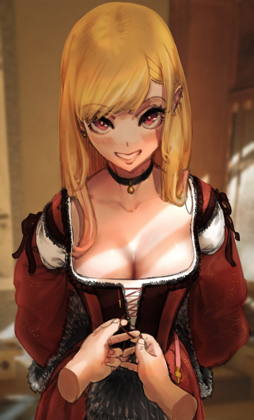 1boy 1girl absurdres black_choker blonde_hair blush breasts choker cleavage corset dress dressing_another earrings grin highres jewelry kitagawa_marin large_breasts looking_at_viewer pov pov_hands red_dress red_eyes smile smug solo_focus sono_bisque_doll_wa_koi_wo_suru wassnonnam