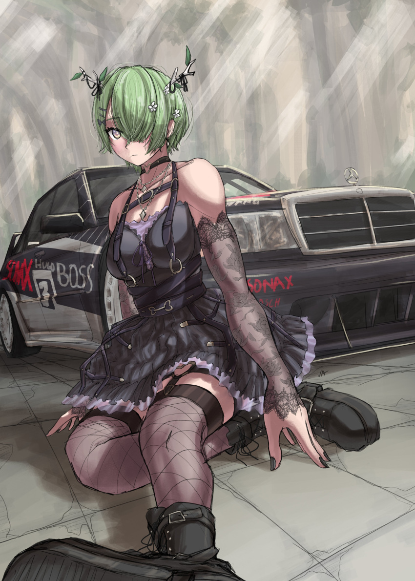 1girl absurdres antlers black_choker black_dress black_footwear black_nails black_thighhighs boots breasts car ceres_fauna ceres_fauna_(goth) choker collarbone detached_sleeves deutsche_tourenwagen_masters dress fishnet_thighhighs fishnets flower frown hair_flower hair_ornament heart_o-ring highres hololive hololive_english horns jewelry justuskuro looking_at_viewer medium_breasts mercedes-benz mercedes-benz_190e motor_vehicle necklace o-ring o-ring_choker race_vehicle racecar short_hair sitting solo thighhighs virtual_youtuber white_flower