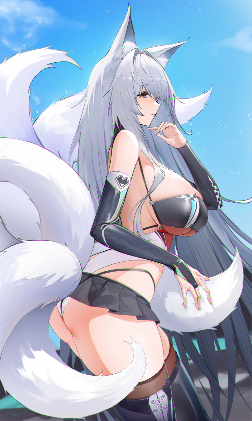 1girl absurdres animal_ear_fluff animal_ears ass azur_lane bare_shoulders bikini blue_eyes blush breasts bridal_gauntlets fox_ears fox_tail genera-x highres large_breasts long_hair miniskirt multiple_tails official_alternate_costume race_queen shinano_(azur_lane) skirt solo swimsuit tail thighhighs thighs very_long_hair