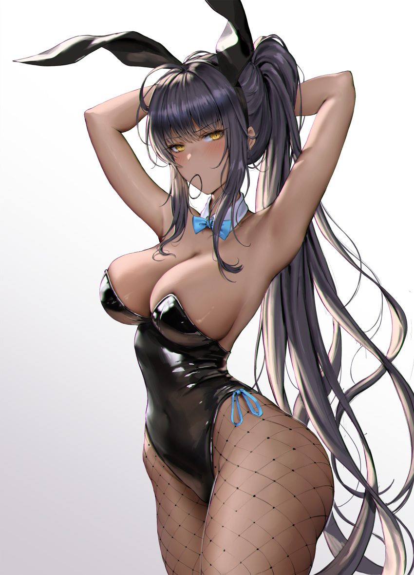 1girl absurdres arms_up black_hair black_leotard blue_archive blue_bow blue_bowtie bow bowtie breasts detached_collar fishnet_pantyhose fishnets hair_tie_in_mouth highres jademoon karin_(blue_archive) karin_(bunny)_(blue_archive) large_breasts leotard long_hair mouth_hold pantyhose ponytail solo very_long_hair wide_hips yellow_eyes