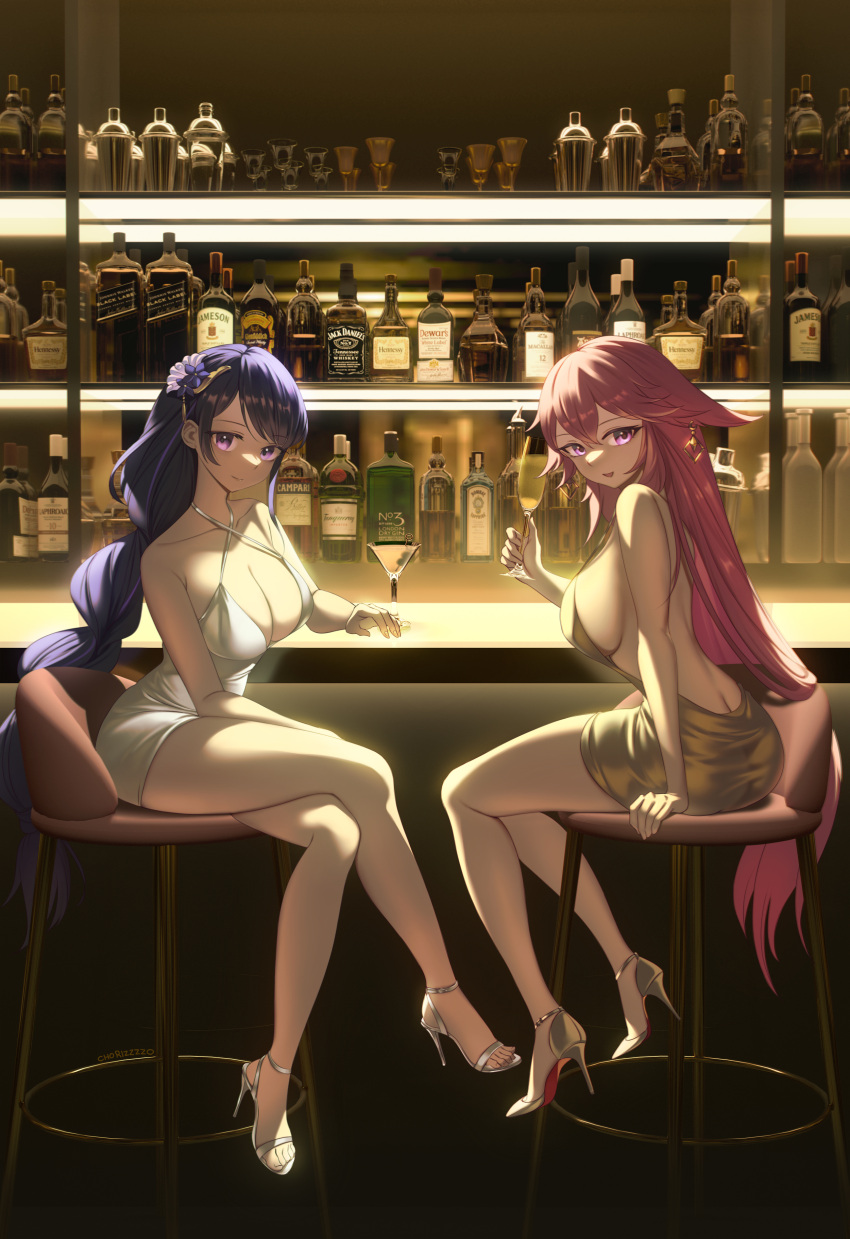 2girls absurdres alcohol alternate_costume animal_ears backless_dress backless_outfit bangs bar bar_stool bare_legs breasts cleavage closed_mouth criss-cross_halter crossed_legs cup dress earrings evening_gown flower fox_ears genshin_impact gold_dress hair_between_eyes hair_flower hair_ornament halterneck high_heels highres holding holding_cup jewelry large_breasts long_hair looking_at_viewer multiple_girls open_mouth pink_hair purple_eyes purple_hair raiden_shogun sideboob silver_dress sitting smile stool toes twitter_username yae_miko zzo_(artist)