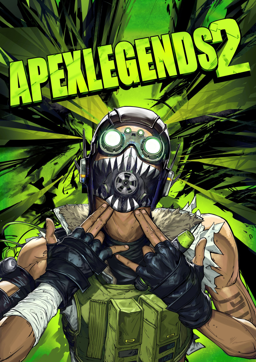 1boy absurdres apex_legends arm_tattoo black_gloves borderlands_(series) borderlands_2 copyright_name cover fake_cover finger_gun fingerless_gloves fur_trim gloves glowing green_vest head_tilt highres holding holding_syringe logo_parody look-alike male_focus mask mouth_mask octane_(apex_legends) panko_(drive_co) parody solo syringe tattoo vest video_game_cover