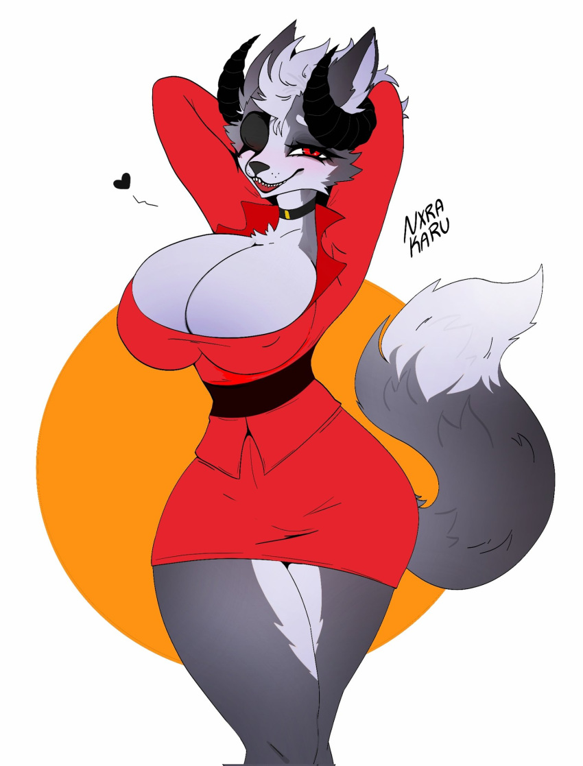 &lt;3 anthro big_breasts breasts canid canine canis choker cleavage clothed clothing crossgender dress eye_patch eyewear female hi_res horn huge_breasts jewelry mammal mtf_crossgender necklace nintendo nipple_outline norakaru raised_tail red_eyes smile solo star_fox video_games wide_hips wolf wolf_o'donnell