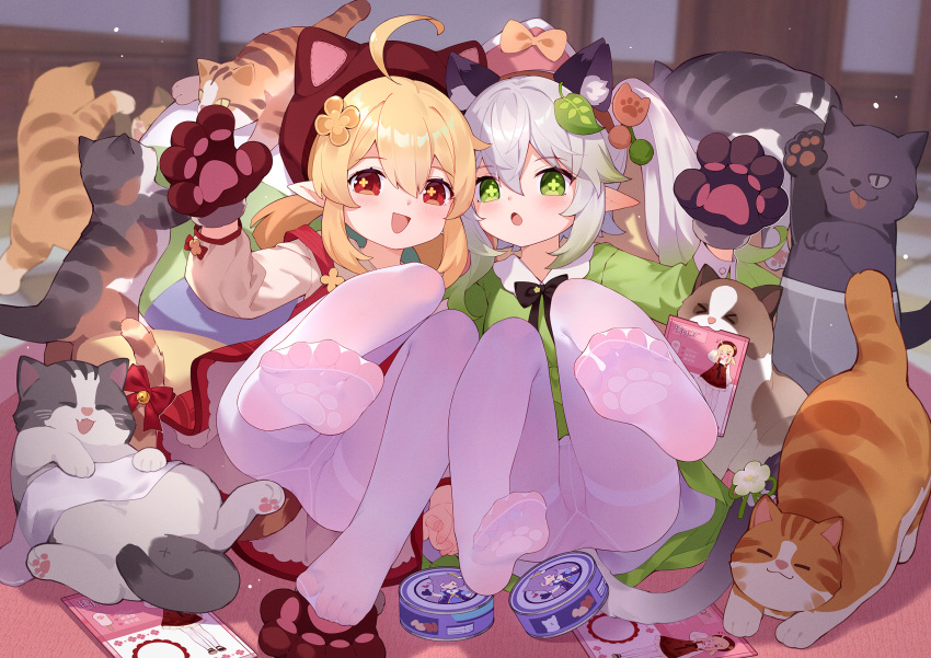 2girls :d :o animal_ears animal_hands bangs blonde_hair blush cat cat_ears cross-shaped_pupils dress elf fake_animal_ears feet flower full_body genshin_impact gloves gradient_hair green_dress green_eyes green_hair hair_between_eyes hair_flower hair_ornament hat highres klee_(genshin_impact) leaf_hair_ornament long_hair long_sleeves multicolored_hair multiple_girls nahida_(genshin_impact) no_shoes pantyhose paw_gloves paw_print_soles pet_food pointy_ears red_dress red_eyes side_ponytail smile soles thighband_pantyhose toes tsubasa_tsubasa white_hair white_pantyhose