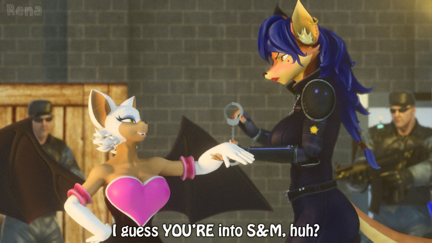 bare_shoulders big_breasts blue_hair blush bodysuit breasts canid canine carmelita_fox chiropteran clothing cuff_(restraint) fox foxyrenart gloves hair handcuffs handwear mammal membrane_(anatomy) membranous_wings metal_cuffs restraints rouge_the_bat screencap_redraw sega size_difference skinsuit sly_cooper_(series) smile sonic_the_hedgehog_(series) sonic_x sony_corporation sony_interactive_entertainment sucker_punch_productions tight_clothing video_games warfaremachine white_clothing white_gloves white_handwear wings