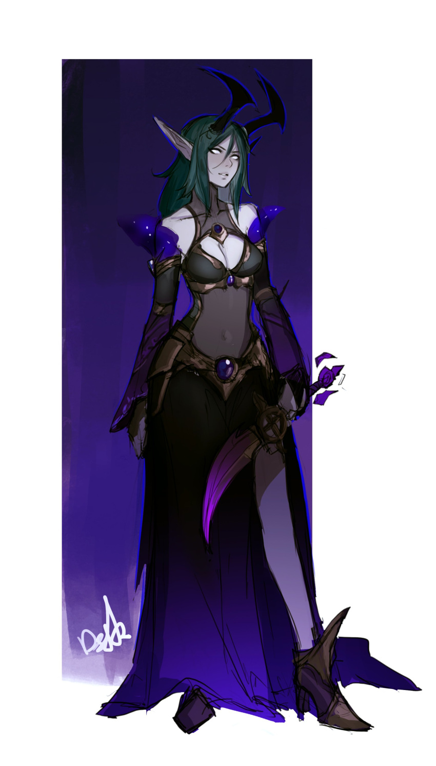 1girl absurdres avatar_(wow) black_dress boots breasts contrapposto covered_navel dagger distr dress elf full_body green_hair hair_between_eyes high_heel_boots high_heels highres holding holding_weapon horns knife long_hair looking_at_viewer medium_breasts night_elf_(warcraft) original parted_lips pointy_ears signature solo warcraft warlock_(warcraft) weapon white_eyes