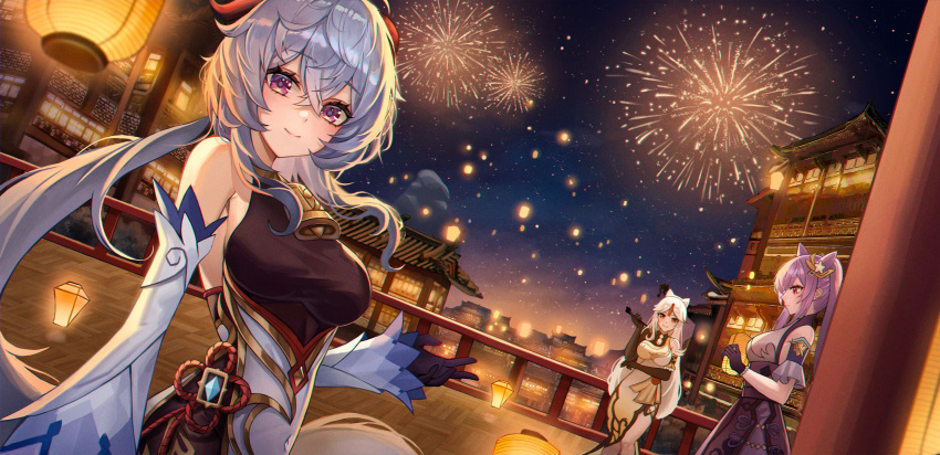 3girls absurdres aerial_fireworks architecture bare_shoulders bell black_gloves blue_hair breasts china_dress chinese_clothes city closed_mouth cone_hair_bun cowbell detached_sleeves double_bun dress dutch_angle east_asian_architecture fireworks ganyu_(genshin_impact) genshin_impact gloves goat_horns hair_between_eyes hair_bun hair_ornament highres holding holding_smoking_pipe horns keqing_(genshin_impact) lamp long_hair looking_at_viewer medium_breasts multiple_girls neck_bell night night_sky ningguang_(genshin_impact) outdoors poise purple_eyes purple_hair sky smile smoking_pipe solo_focus standing tassel tassel_hair_ornament white_hair white_sleeves