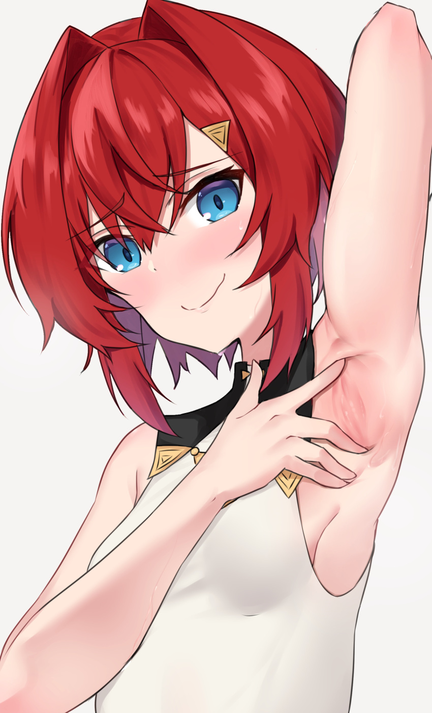 1girl absurdres ange_katrina arm_behind_head arm_up armpits bangs bare_arms bare_shoulders blue_eyes blush breasts closed_mouth commentary_request grey_background hair_between_eyes hair_intakes hand_up highres kirikan looking_at_viewer nijisanji red_hair shirt simple_background sleeveless sleeveless_shirt small_breasts solo spread_armpit virtual_youtuber white_shirt