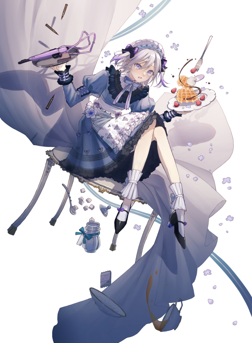 1girl alternate_costume apron bullet commentary commentary_request contender_(flowerful_maid)_(girls'_frontline) contender_(girls'_frontline) cup english_commentary enmaided food fork frilled_socks frills fruit girls'_frontline gun handgun high_heels highres holding holding_tray maid maid_apron maid_headdress official_alternate_costume partial_commentary plate rabb_horn saucer socks solo spoon strawberry sugar_cube tea teacup thompson/center_contender tray waffle weapon whipped_cream