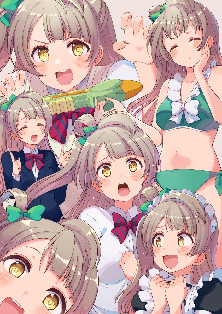 1girl absurdres bikini blazer blue_jacket blush bow bowtie closed_eyes closed_mouth collared_shirt commentary_request cream_(nipakupa) diagonal_stripes green_bikini green_bow hair_bow highres jacket kotori_photobomb light_brown_hair long_hair long_sleeves love_live! love_live!_school_idol_project maid minami_kotori multiple_views one_side_up open_mouth otonokizaka_school_uniform puffy_short_sleeves puffy_sleeves school_uniform shirt short_sleeves smile striped swimsuit teeth upper_body upper_teeth water_gun white_shirt yellow_eyes