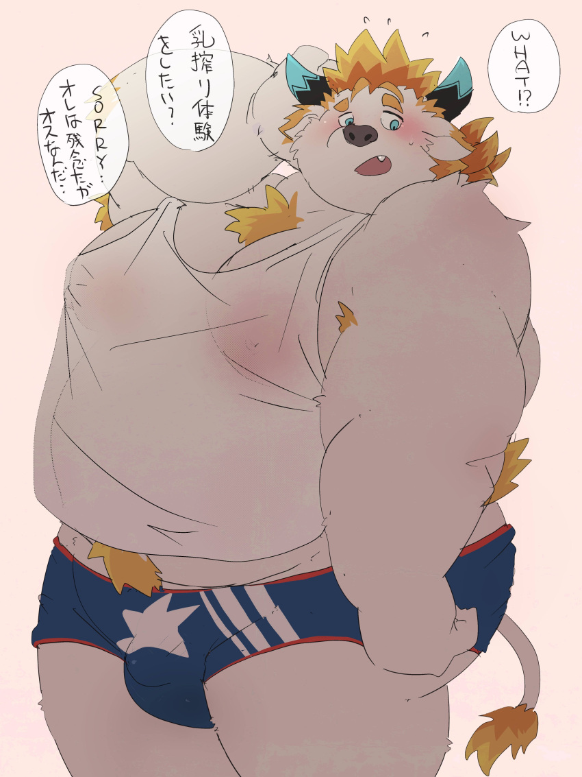 2022 absurd_res anthro babe_bunyan belly big_belly blush bovid bovine bulge cattle clothing dumdum hi_res japanese_text kemono lifewonders male mammal moobs overweight overweight_male shirt simple_background solo text tokyo_afterschool_summoners topwear underwear video_games