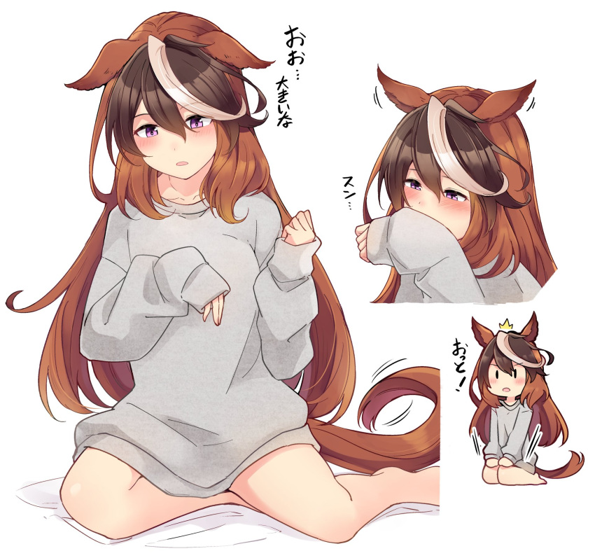 1girl animal_ears brown_hair commentary_request grey_sweater greyscale highres horse_ears horse_girl horse_tail ido_(teketeke) long_hair monochrome multicolored_hair multiple_views purple_eyes seiza simple_background sitting sleeves_past_wrists smelling sweater symboli_rudolf_(umamusume) tail translation_request umamusume white_background white_hair