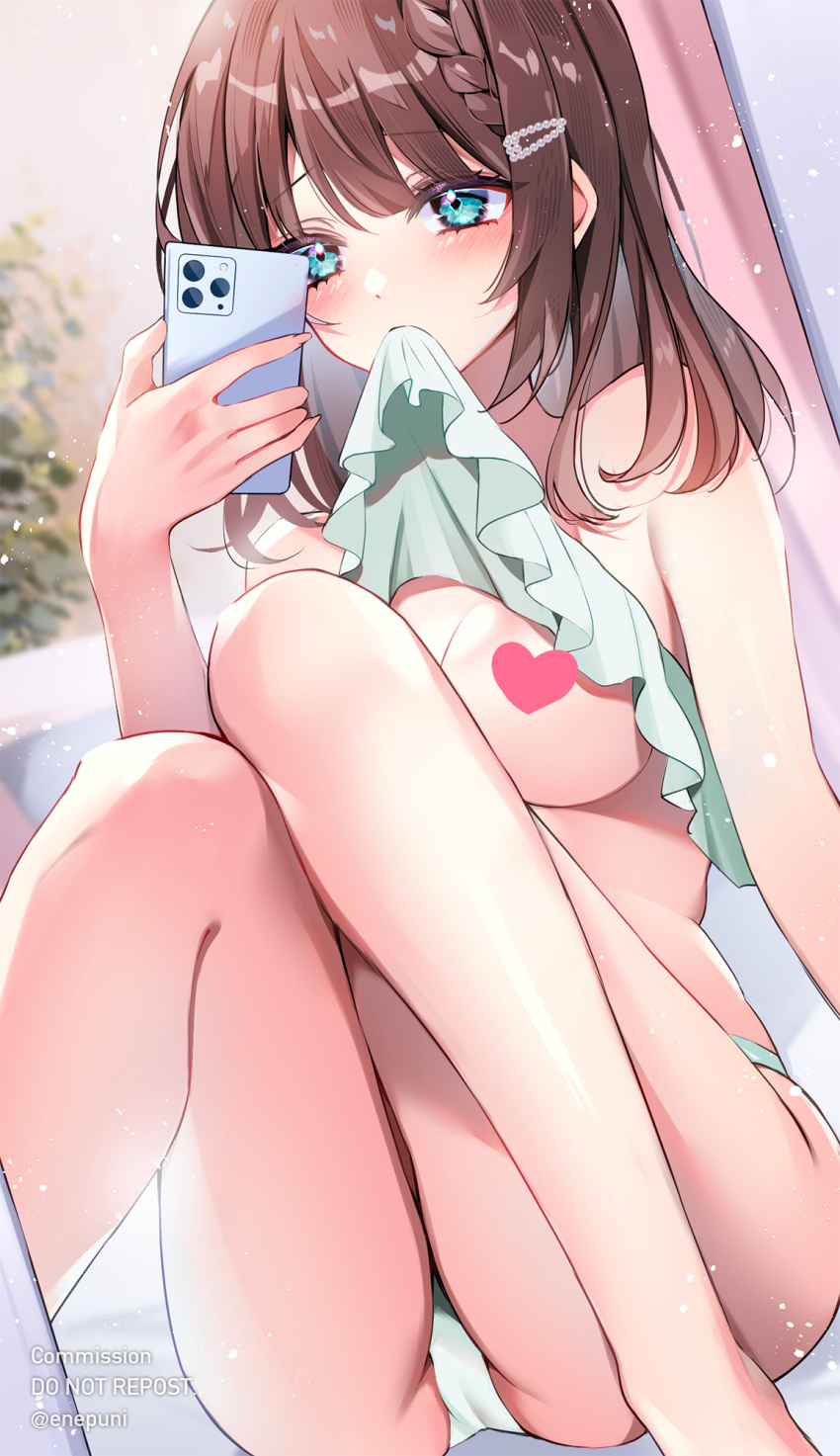 1girl arm_support ass bangs bare_arms blue_eyes blush braid breasts brown_hair cameltoe cellphone censored clothes_in_mouth commentary_request eneru_(enepuni) hair_ornament hairclip heart heart_censor highres holding holding_phone indoors knees_up long_hair medium_breasts mouth_hold original panties phone reflection selfie shirt_in_mouth shirt_lieft sidelocks sitting smartphone solo thighs underwear watermark white_panties