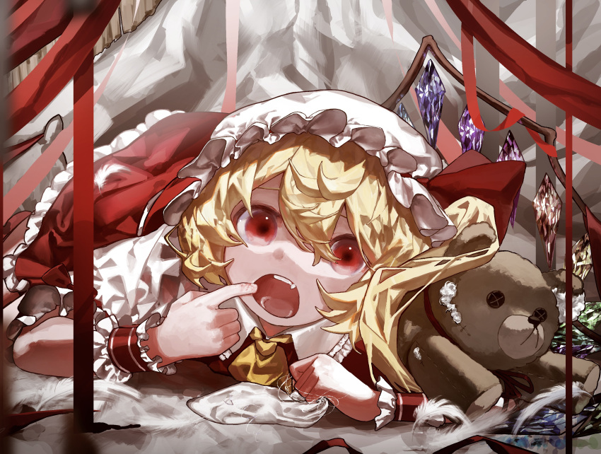 1girl absurdres ascot blonde_hair cheek_pull crystal flandre_scarlet frilled_skirt frilled_sleeves frills hair_between_eyes hat highres imhel1_1 long_hair looking_at_viewer lying mob_cap multicolored_wings on_ground on_stomach puffy_short_sleeves puffy_sleeves red_eyes red_ribbon red_skirt red_vest ribbon shirt short_sleeves side_ponytail skirt skirt_set solo stuffed_animal stuffed_toy teddy_bear teeth touhou vest white_headwear white_shirt wings wrist_cuffs yellow_ascot