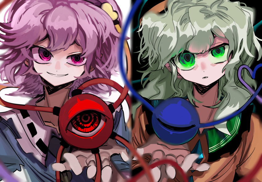 2girls asuku_(69-1-31) black_headwear blouse blue_shirt bright_pupils buttons eyeball frilled_shirt_collar frilled_sleeves frills green_eyes green_hair grey_hair hat heart heart-shaped_pupils heart_button komeiji_koishi komeiji_satori light_green_hair long_sleeves medium_hair messy_hair multiple_girls pink_eyes pink_hair purple_eyes purple_hair ribbon_trim shirt short_hair symbol-shaped_pupils third_eye touhou wavy_hair wide_sleeves