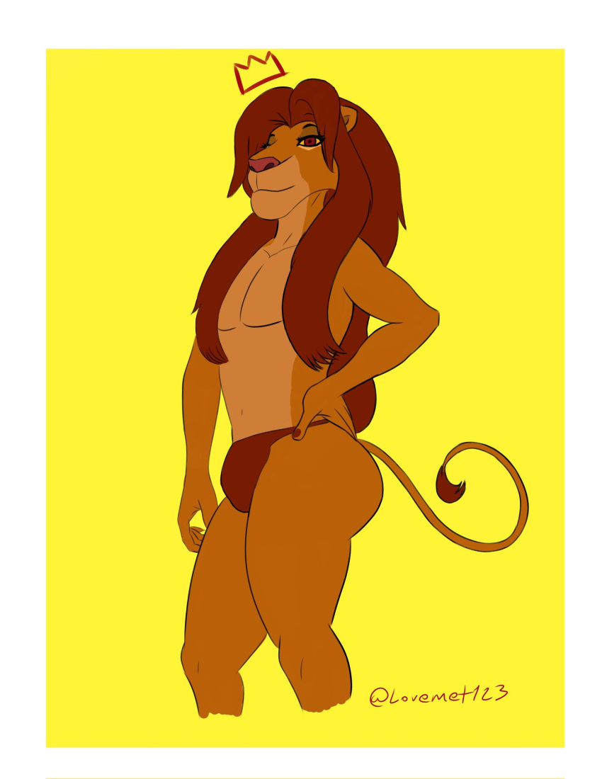 anthro butt clothing disney felid fur girly hair hi_res lion lovemet123_(lovemet_room) male male_focus mammal pantherine red_eyes red_hair simba smile solo solo_focus tail_tuft the_lion_king thick_thighs thong tuft underwear yellow_body yellow_fur