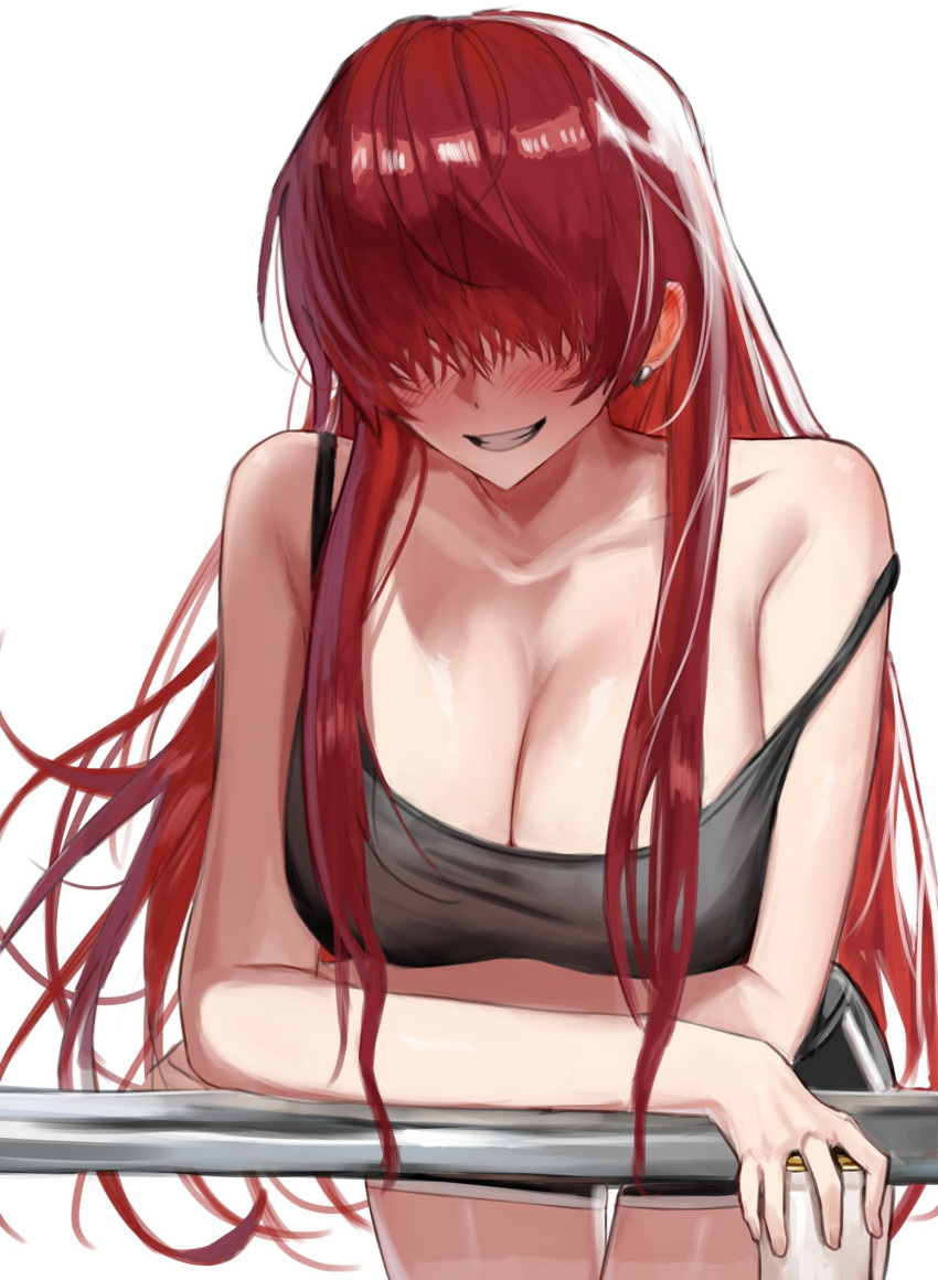 1girl bangs bare_shoulders black_tank_top breasts covered_eyes crop_top dan_koflove facing_viewer hair_over_eyes highres large_breasts long_bangs long_hair looking_at_viewer open_mouth red_hair shermie_(kof) smile solo tank_top the_king_of_fighters the_king_of_fighters_'97 the_king_of_fighters_xv