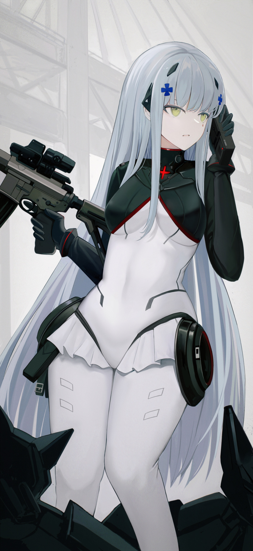 1girl absurdres amamizu_shizuku assault_rifle bangs black_bodysuit black_gloves blue_hair bodysuit breasts covered_navel feet_out_of_frame girls'_frontline gloves green_eyes gun h&amp;k_hk416 hair_ornament hairclip highres hk416_(girls'_frontline) hk416_(midnight_evangelion)_(girls'_frontline) holding holding_gun holding_walkie-talkie holding_weapon light_blue_hair long_hair long_sleeves looking_away medium_breasts multicolored_bodysuit multicolored_clothes official_alternate_costume open_mouth rifle simple_background solo standing weapon white_bodysuit