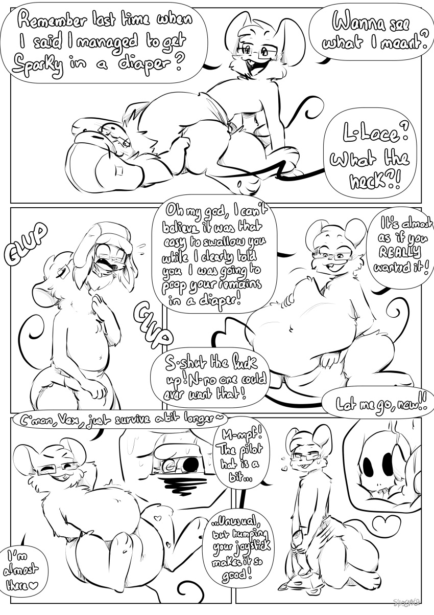 absurd_res anthro belly big_belly black_and_white bone comic diaper diaper_disposal diaper_fetish diaper_humping digestion digital_media_(artwork) duo eeveelution english_text feces generation_1_pokemon hi_res internal jolteon male male/male mammal monochrome mouse murid murine nintendo open_mouth pokemon pokemon_(species) rodent shoelace_(artist) skull text tongue video_games vore