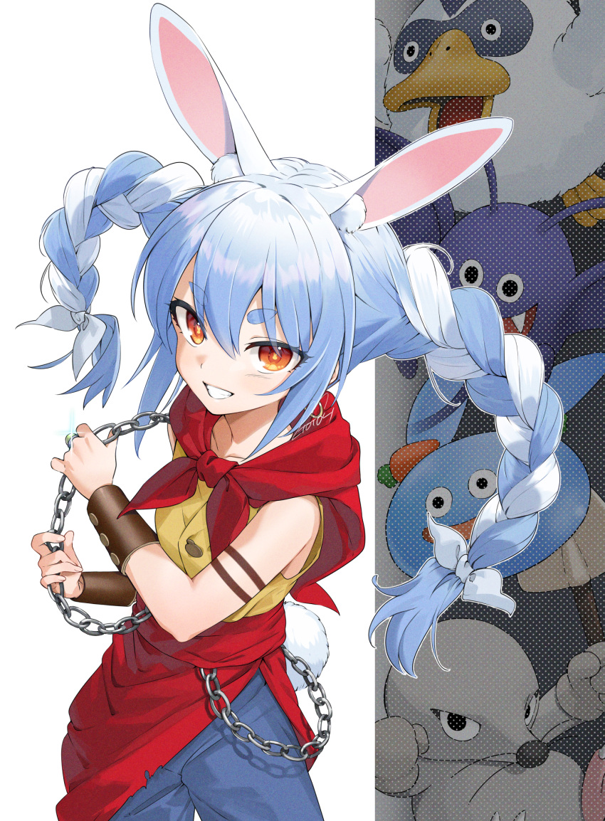 1girl animal_ear_fluff animal_ears bangs bare_shoulders blue_hair blue_pants bracer braid bunny-shaped_pupils cape carrot_hair_ornament determined dragon_quest_monsters_joker earrings food-themed_hair_ornament gotou_(nekocat) grin hair_between_eyes hair_ornament highres hololive hoop_earrings jewelry long_hair multicolored_hair orange_eyes pants rabbit_ears rabbit_girl rabbit_tail red_cape shirt short_eyebrows single_earring sleeveless sleeveless_shirt slime_(dragon_quest) smile solo_focus swept_bangs symbol-shaped_pupils tail thick_eyebrows twin_braids twintails two-tone_hair usada_pekora v-shaped_eyebrows virtual_youtuber white_hair yellow_shirt