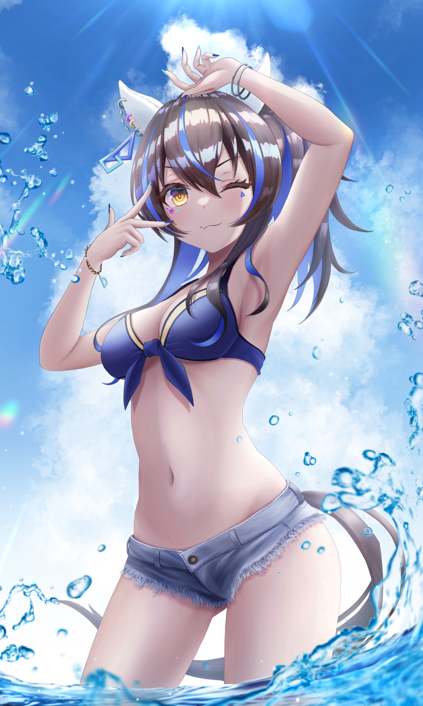 1girl absurdres animal_ears arms_up bangs bikini blue_bikini blue_hair bracelet breasts brown_hair cleavage closed_mouth cloud colored_inner_hair cutoffs daitaku_helios_(umamusume) denim denim_shorts fang fang_out highres horse_ears horse_girl horse_tail incredibly_absurdres jewelry long_hair looking_at_viewer medium_breasts micro_shorts mu-to multicolored_hair navel one_eye_closed outdoors shorts side_ponytail skin_fang solo streaked_hair sunlight swimsuit tail two-tone_hair umamusume v_over_eye wading water water_drop yellow_eyes