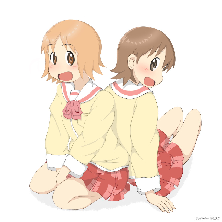 2girls absurdres aioi_yuuko akabeco_yukko blush brown_eyes brown_hair fecchan highres multiple_girls nichijou open_mouth school_uniform short_hair skirt tokisadame_school_uniform