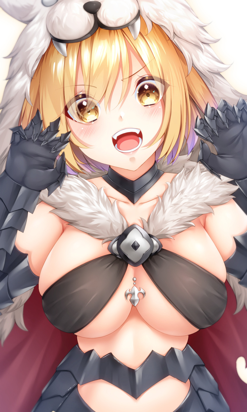 1girl bandeau berserker_(granblue_fantasy) black_bandeau blonde_hair breasts brown_eyes chikuwabuta collarbone djeeta_(granblue_fantasy) fangs gauntlets granblue_fantasy hair_between_eyes highres large_breasts lips looking_at_viewer pelt short_hair solo upper_body white_background wolf_hood wolf_pelt