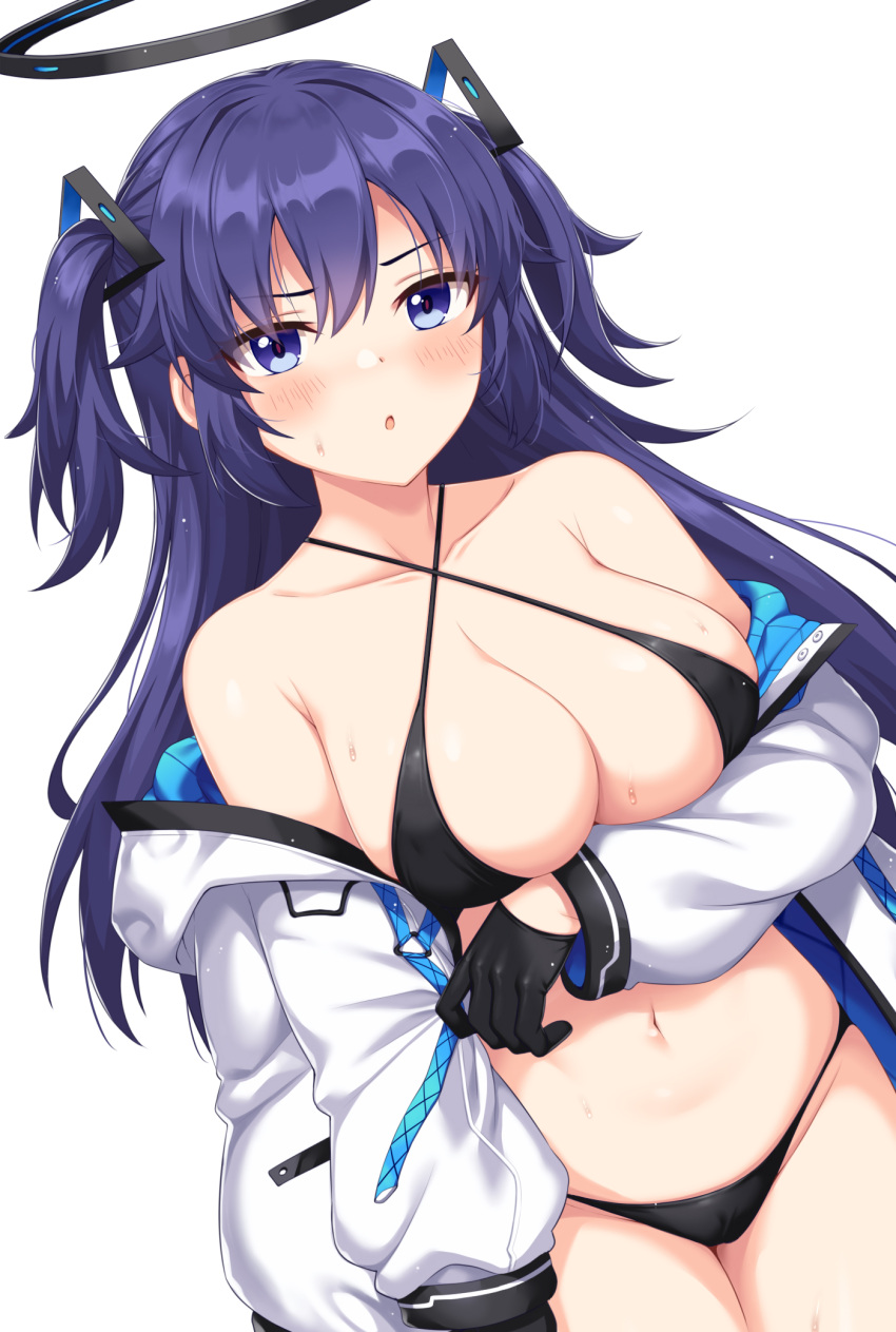 1girl bangs bare_shoulders bikini black_bikini black_gloves blue_archive blue_eyes blue_hair blush breasts cleavage collarbone gloves hair_ornament halo highres horosuke jacket large_breasts long_hair long_sleeves looking_at_viewer navel off_shoulder open_clothes open_jacket open_mouth revision sidelocks solo sweat swimsuit two_side_up white_background white_jacket yuuka_(blue_archive)