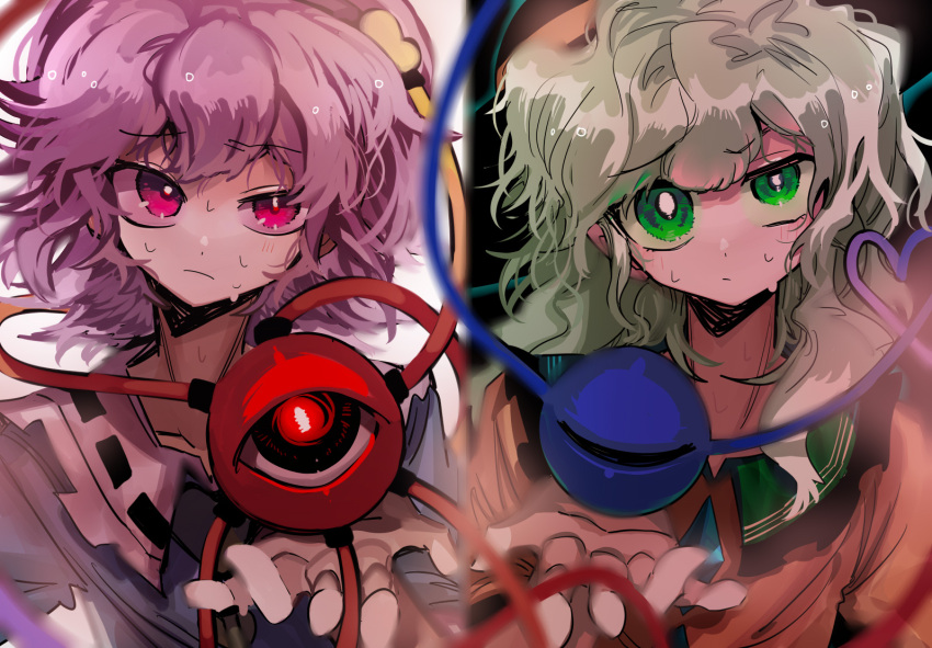 2girls asuku_(69-1-31) black_headwear blouse blue_shirt bright_pupils buttons eyeball frilled_shirt_collar frilled_sleeves frills green_eyes green_hair grey_hair hat heart heart-shaped_pupils heart_button komeiji_koishi komeiji_satori light_green_hair long_sleeves medium_hair messy_hair multiple_girls pink_eyes pink_hair purple_eyes purple_hair ribbon_trim shirt short_hair symbol-shaped_pupils third_eye touhou wavy_hair wide_sleeves