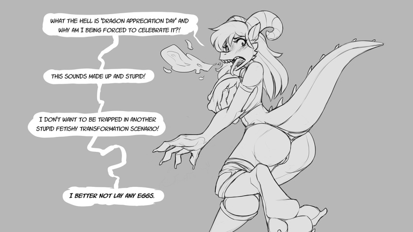 after_transformation anthro big_breasts breasts clothing dialogue dragon english_text female genitals grey_background greyscale human_to_anthro monochrome nipples nude pussy raised_tail simple_background solo species_transformation speech_bubble text tongue tongue_out torn_clothing transformation watsup