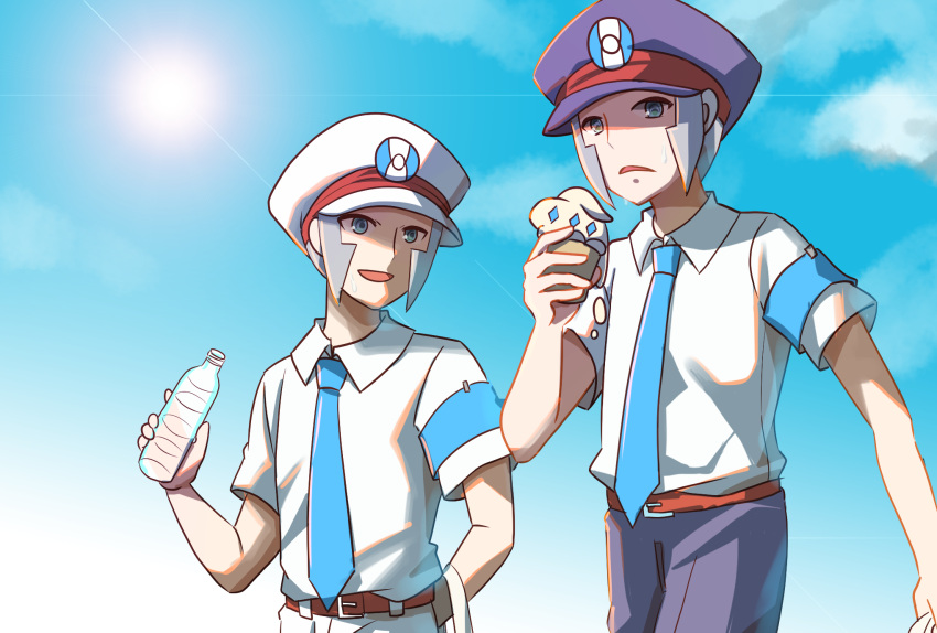 2boys belt blue_necktie bottle brothers brown_belt casteliacone cloud collared_shirt commentary_request day dress_shirt dripping emmet_(pokemon) food grey_eyes grey_hair hat highres holding holding_bottle hot ice_cream ingo_(pokemon) long_sideburns male_focus mizuiro123 multiple_boys necktie no_coat open_mouth outdoors pants peaked_cap pokemon pokemon_(game) pokemon_bw shirt short_hair short_sleeves siblings sideburns sky smile sun sweat water_bottle white_headwear white_pants white_shirt