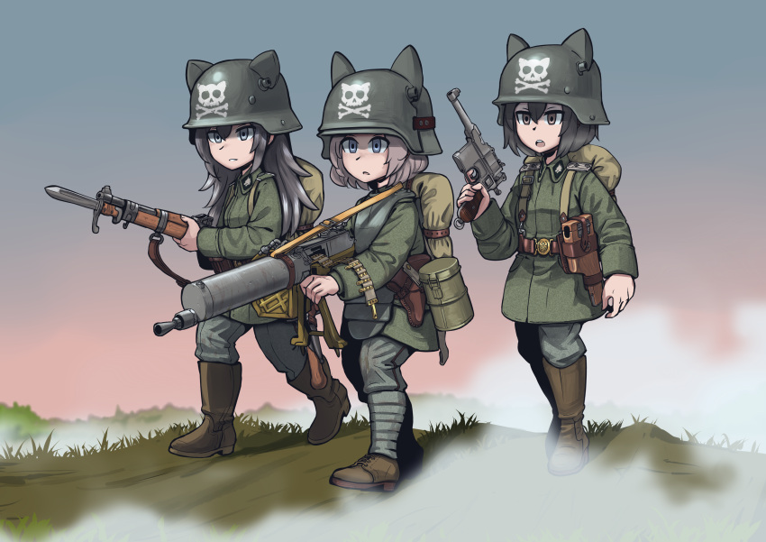 3girls absurdres animal_ear_headwear backpack bag boots commission day english_commentary erica_(naze1940) fog full_body germany gun handgun helmet highres holding holding_gun holding_weapon long_hair long_sleeves machine_gun military multiple_girls open_mouth original outdoors parted_lips pouch rifle second-party_source skull_and_crossbones teeth upper_teeth walking weapon wolf