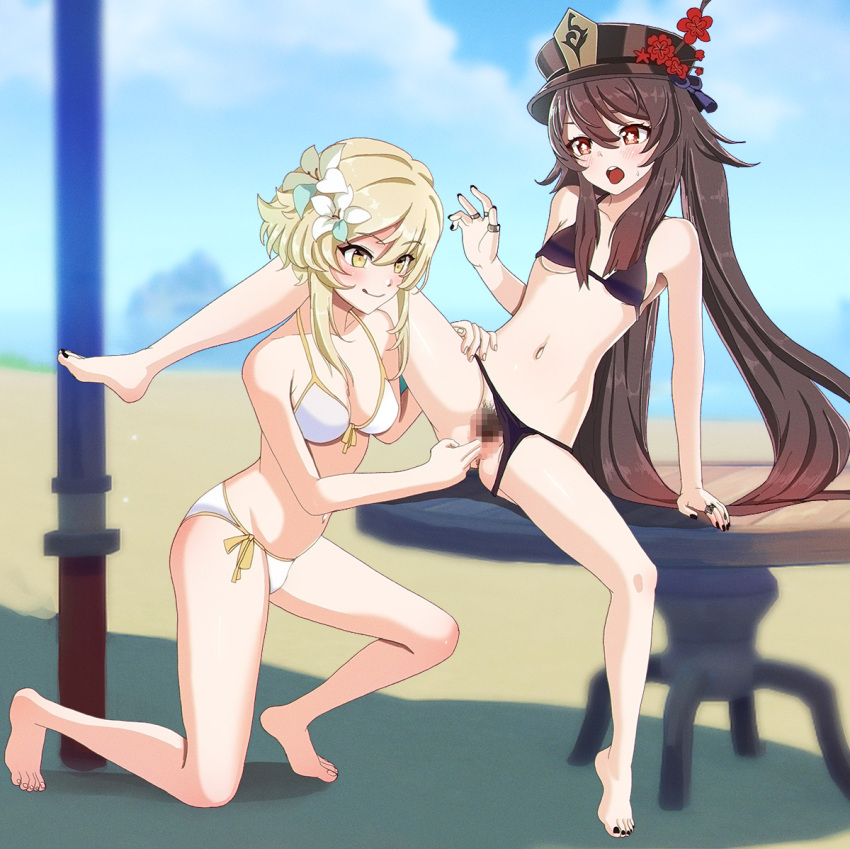 arm_support aruman beach bikini bikini_aside black_nails blonde_hair blue_sky blush breasts brown_bikini brown_hair censored chinese_commentary clothing_aside cloud cloudy_sky collarbone commentary female_pubic_hair fingering flower flower-shaped_pupils genshin_impact hair_between_eyes hair_flower hair_ornament hand_on_another's_thigh hand_up hat hat_flower hat_ornament horizon hu_tao_(genshin_impact) jewelry leaning_back licking_lips lily long_hair looking_at_another looking_down lumine_(genshin_impact) mosaic_censoring mountain navel ocean one_knee open_mouth outdoors parasol plum_blossoms porkpie_hat pubic_hair pussy red_eyes ring short_hair_with_long_locks side-tie_bikini_bottom sidelocks sky small_breasts smile swimsuit symbol-shaped_pupils table teeth tongue tongue_out twintails umbrella upper_teeth wavy_mouth white_bikini yellow_eyes yuri
