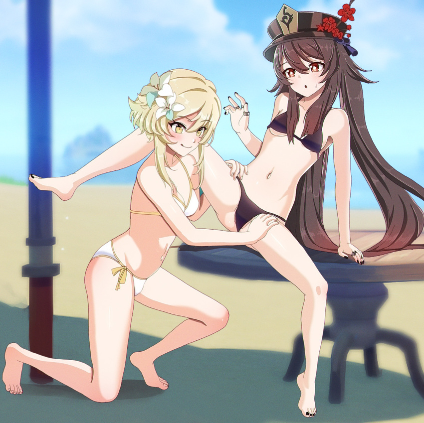 :o arm_support aruman beach bikini black_nails blonde_hair blue_sky blush breasts brown_bikini brown_hair chinese_commentary cloud cloudy_sky collarbone commentary flower flower-shaped_pupils genshin_impact hair_between_eyes hair_flower hair_ornament hand_on_another's_thigh hand_up hat hat_flower hat_ornament horizon hu_tao_(genshin_impact) jewelry leaning_back licking_lips lily long_hair looking_at_another looking_down lumine_(genshin_impact) mountain navel ocean one_knee open_mouth outdoors parasol plum_blossoms porkpie_hat red_eyes ring short_hair_with_long_locks side-tie_bikini_bottom sidelocks sky small_breasts smile swimsuit symbol-shaped_pupils table tongue tongue_out twintails umbrella white_bikini yellow_eyes yuri