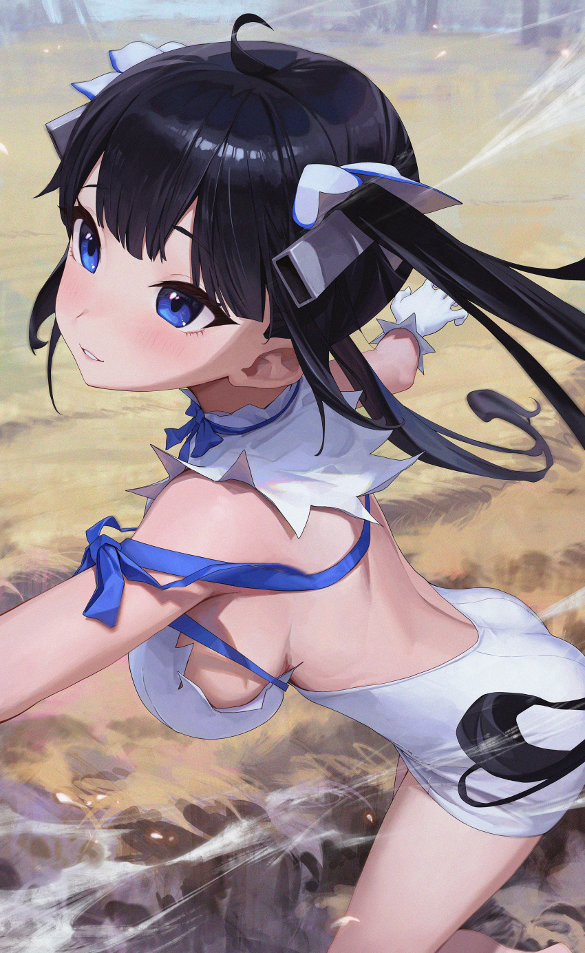 1girl absurdres ahoge arm_ribbon ass bare_shoulders bingwei_huang black_hair blue_eyes blue_ribbon blush breasts dress dungeon_ni_deai_wo_motomeru_no_wa_machigatteiru_darou_ka from_above gloves hair_ornament hestia_(danmachi) highres large_breasts long_hair pencil_dress rei_no_himo ribbon short_dress sideboob smile solo twintails white_dress white_gloves