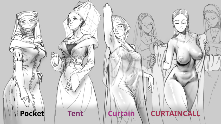 6+girls absurdres breasts cleavage closed_eyes closed_mouth curtain_call_challenge_(meme) dress facing_viewer highres large_breasts long_hair looking_at_viewer medieval meme multiple_girls navel nipples nude original pubic_stubble pussy sash see-through see-through_dress smile tagme uncensored undressing_another wassnonnam