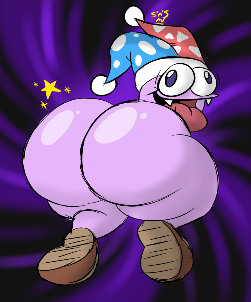 2022 absurd_res big_butt brown_clothing brown_footwear brown_shoes butt butt_focus clothing fangs fool's_hat footwear hat headgear headwear hi_res kirby_(series) looking_back male marx_(kirby) mostly_nude nintendo not_furry open_mouth open_smile purple_body purple_butt shoes silly_face smile solo star sweetspicymann thick_thighs tongue tongue_out video_games