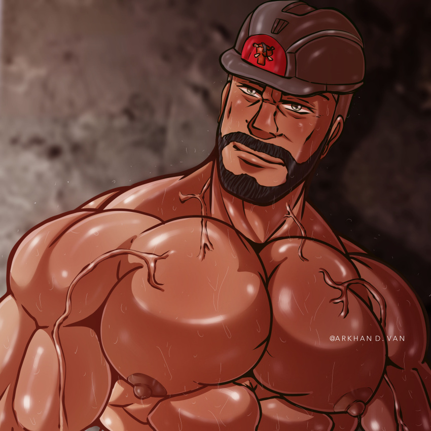 1boy absurdres arkhan.dvan bad_source bara beard biceps blush facial_hair highres large_pectorals male_focus mature_male muscular muscular_male nipples nude pectorals peony_(pokemon) pokemon pokemon_(game) pokemon_swsh puffy_nipples self_upload solo sweat sweatdrop