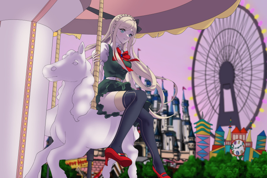 1girl absurdres bangs belt black_bow blonde_hair blurry blurry_background bow bowtie braid castle crown_braid danganronpa_(series) danganronpa_2:_goodbye_despair dress dudeoji_(dotheg_ansoni) ferris_wheel festival gem green_dress grey_belt grey_eyes grey_shirt hair_bow high_heels highres long_hair pink_sky puffy_short_sleeves puffy_sleeves red_bow red_bowtie red_footwear shirt short_sleeves shorts sitting solo sonia_nevermind thighhighs tree white_shorts