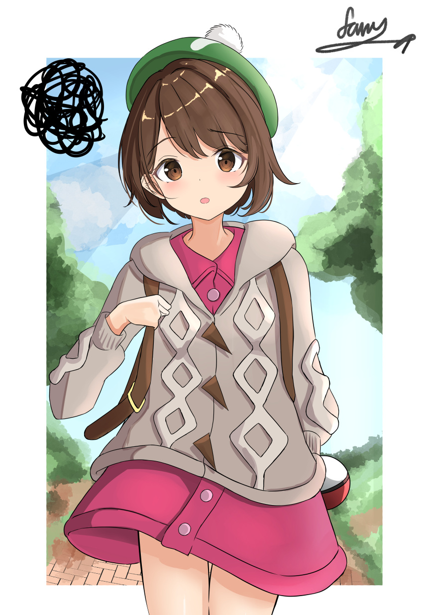 1girl :o absurdres bangs blush bob_cut border brown_eyes brown_hair buttons cable_knit cardigan collared_dress day dress farat0827 gloria_(pokemon) green_headwear grey_cardigan hat highres holding_strap hooded_cardigan long_sleeves looking_at_viewer open_mouth outdoors pink_dress pokemon pokemon_(game) pokemon_swsh short_hair signature solo squiggle tam_o'_shanter white_border