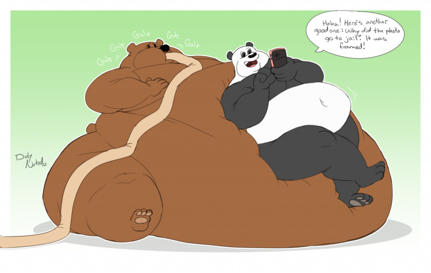 belly big_belly brown_bear cartoon_network dialogue duly_noted duo force_feeding forced giant_panda grizzly_(wbb) grizzly_bear male male/male mammal moobs morbidly_obese obese open_mouth open_smile overweight panda_(wbb) paws phone sitting_on_another smile ursid ursine we_bare_bears weight_gain