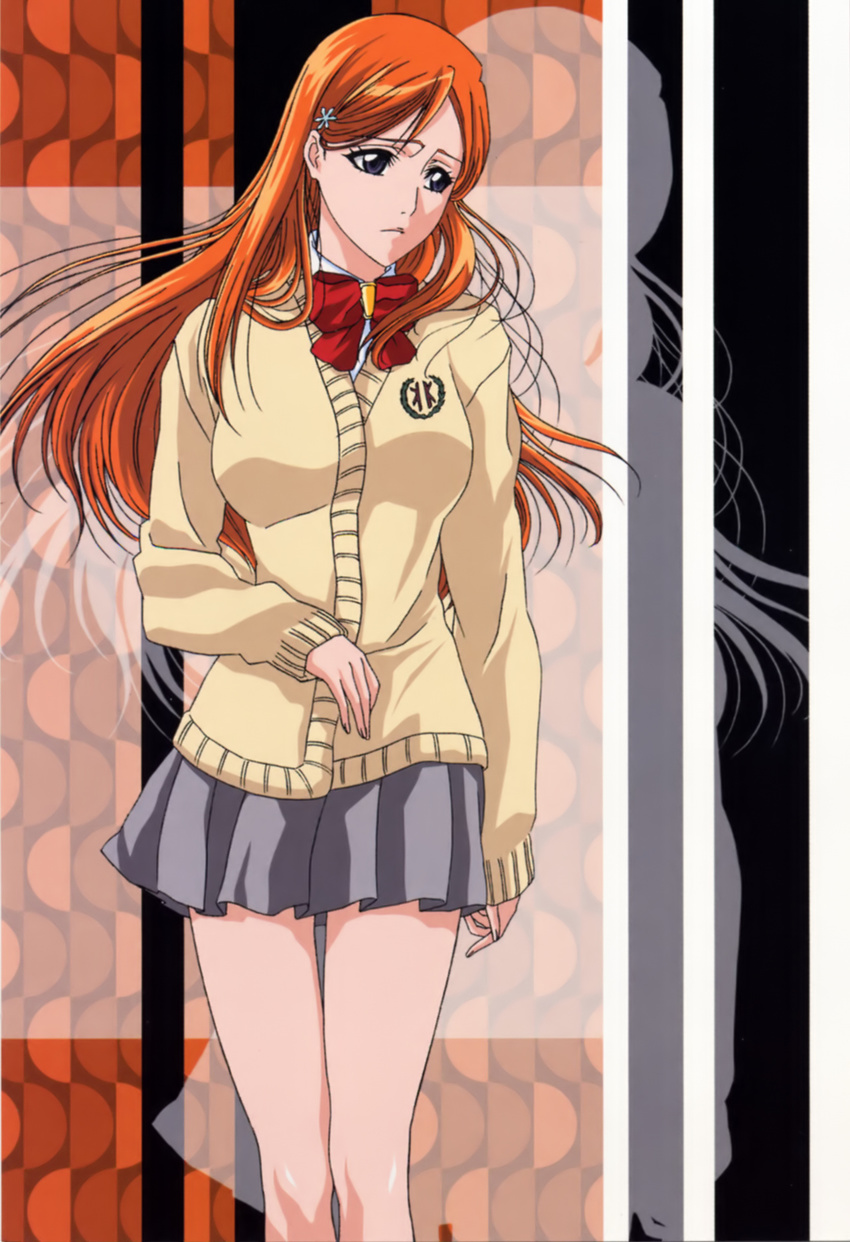 artist_request bleach bow cardigan hair_ornament hairpin highres inoue_orihime long_hair official_art orange_hair pleated_skirt purple_eyes school_uniform skirt sweater