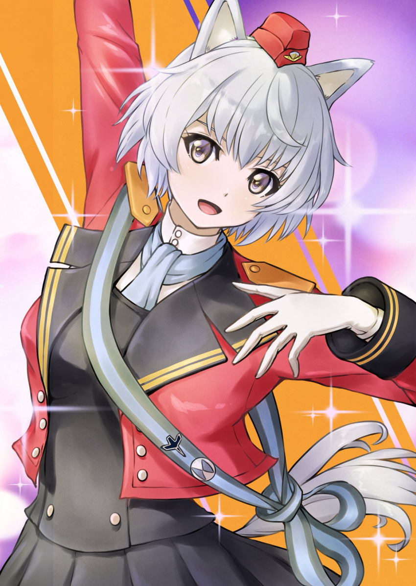 1girl aila_paivikki_linnamaa animal_ears aviation_magic_band black_skirt garrison_cap gloves hat highres jacket looking_at_viewer luminous_witches memory_(prophet5) open_mouth red_jacket shirt short_hair skirt solo standing tail upper_body white_gloves white_hair white_shirt wolf_ears wolf_girl wolf_tail world_witches_series yellow_eyes