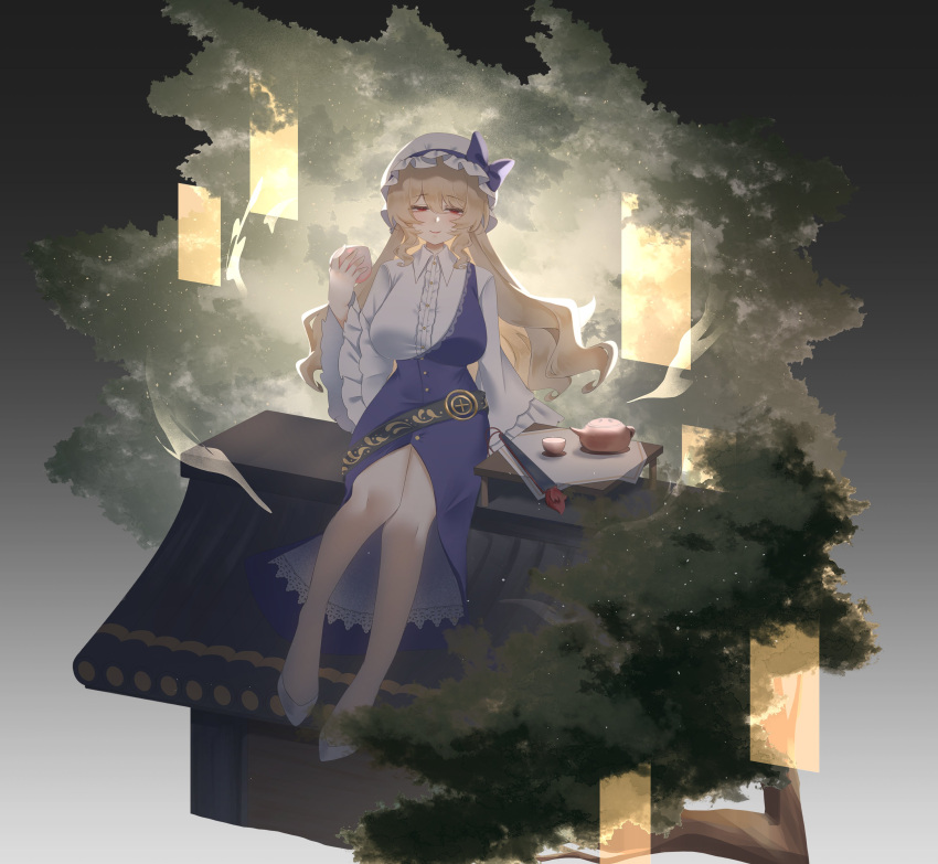 1girl absurdres belt blonde_hair bow breasts collared_shirt commentary dress folded_fan folding_fan food frilled_sleeves frills fruit grey_shoes hand_fan hat hat_bow highres holding holding_food holding_fruit large_breasts long_hair long_sleeves loose_belt no_noru peach purple_bow purple_dress shirt shoes single_strap sitting smile solo teapot touhou watatsuki_no_toyohime white_hat white_shirt wide_sleeves