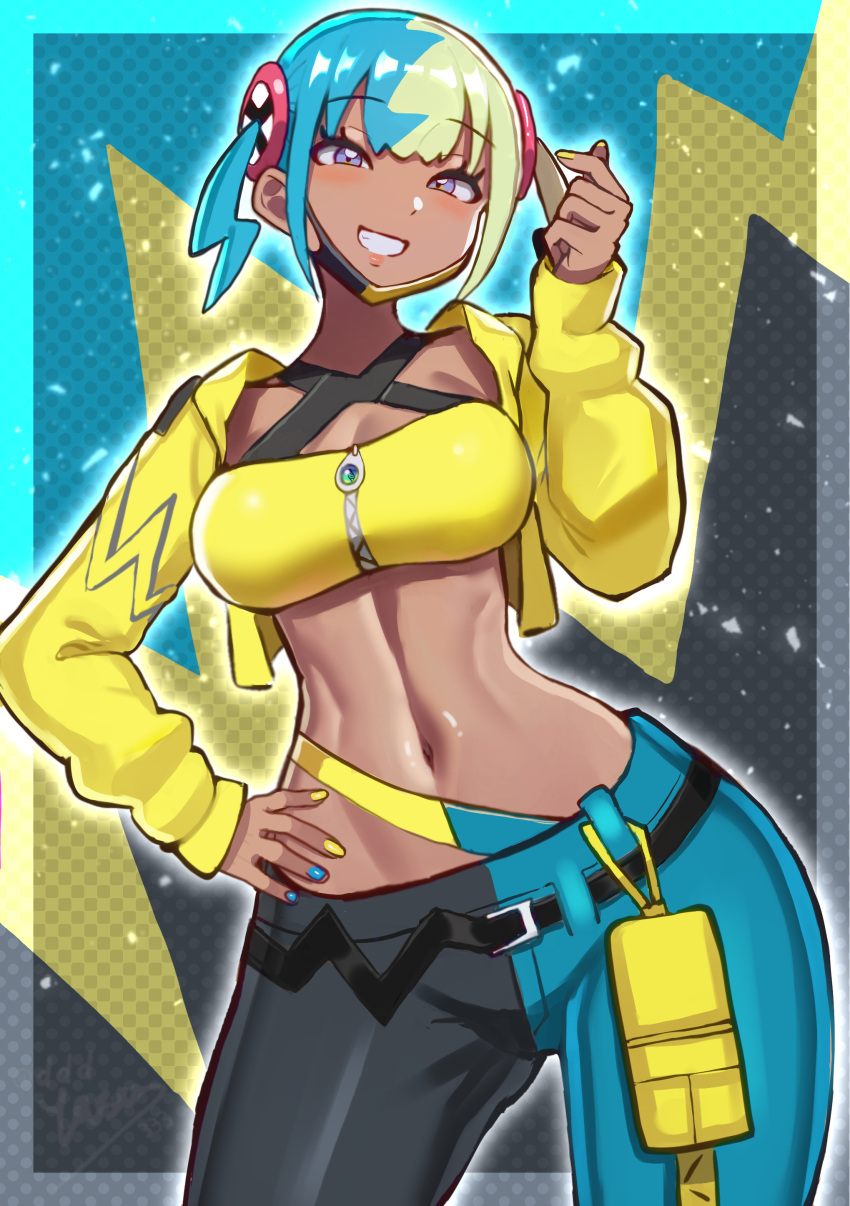 1girl absurdres aqua_hair black_mask blonde_hair breasts canari_(pokemon) center-flap_bangs commentary criss-cross_halter finger_heart grin halterneck highres jacket long_sleeves mask mask_pull medium_breasts mega_stone mouth_mask multicolored_hair navel pokemon pokemon_legends:_z-a short_twintails smile solo split-color_hair sports_bra stomach twintails two-tone_mask yasu_suupatenin yellow_jacket yellow_mask yellow_sports_bra