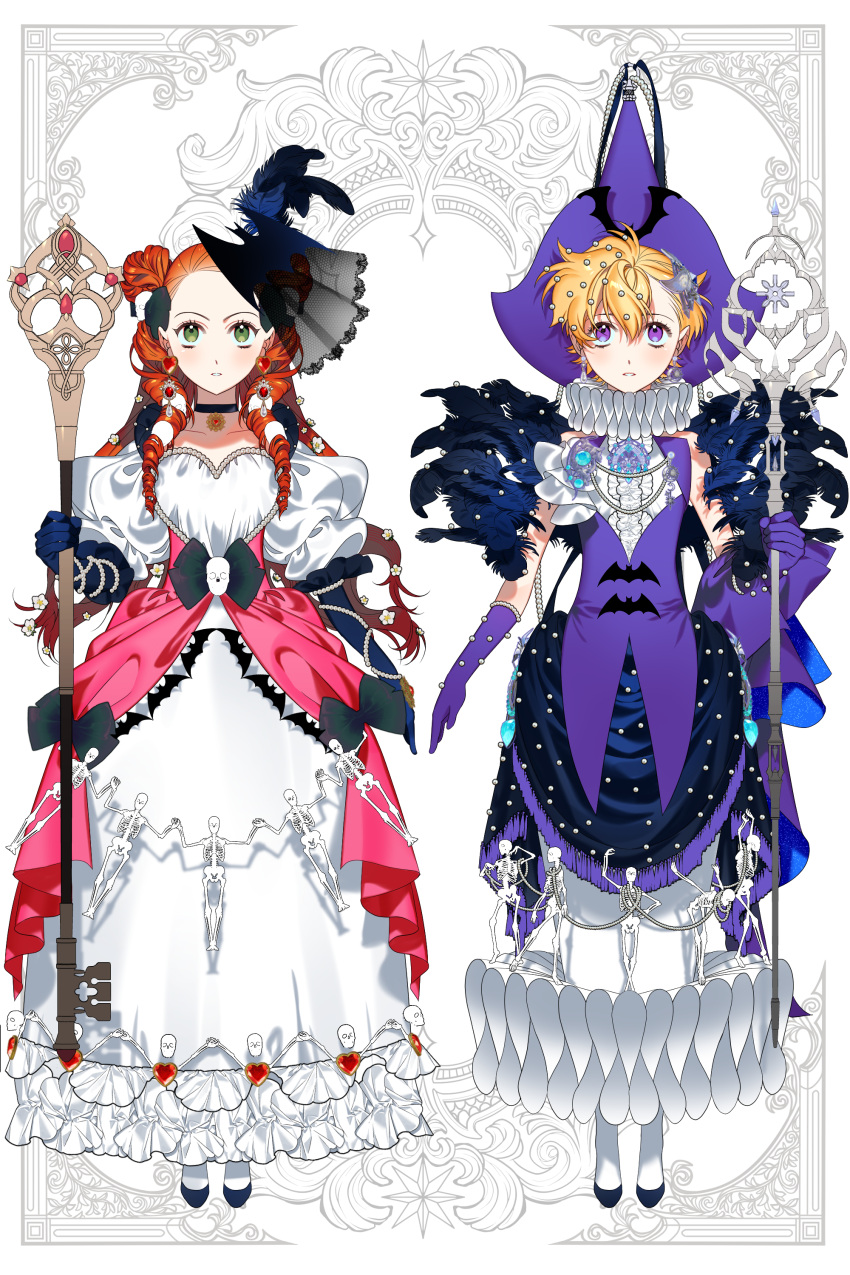 2girls abin0027 absurdres blonde_hair blush chocolat_meilleure choker commentary_request dress drill_hair earrings full_body gloves green_eyes hair_between_eyes hat highres holding holding_scepter jewelry long_dress long_hair multiple_girls neck_ruff orange_hair puffy_sleeves purple_gloves purple_hat scepter short_hair skeleton sugar_sugar_rune vanilla_mieux